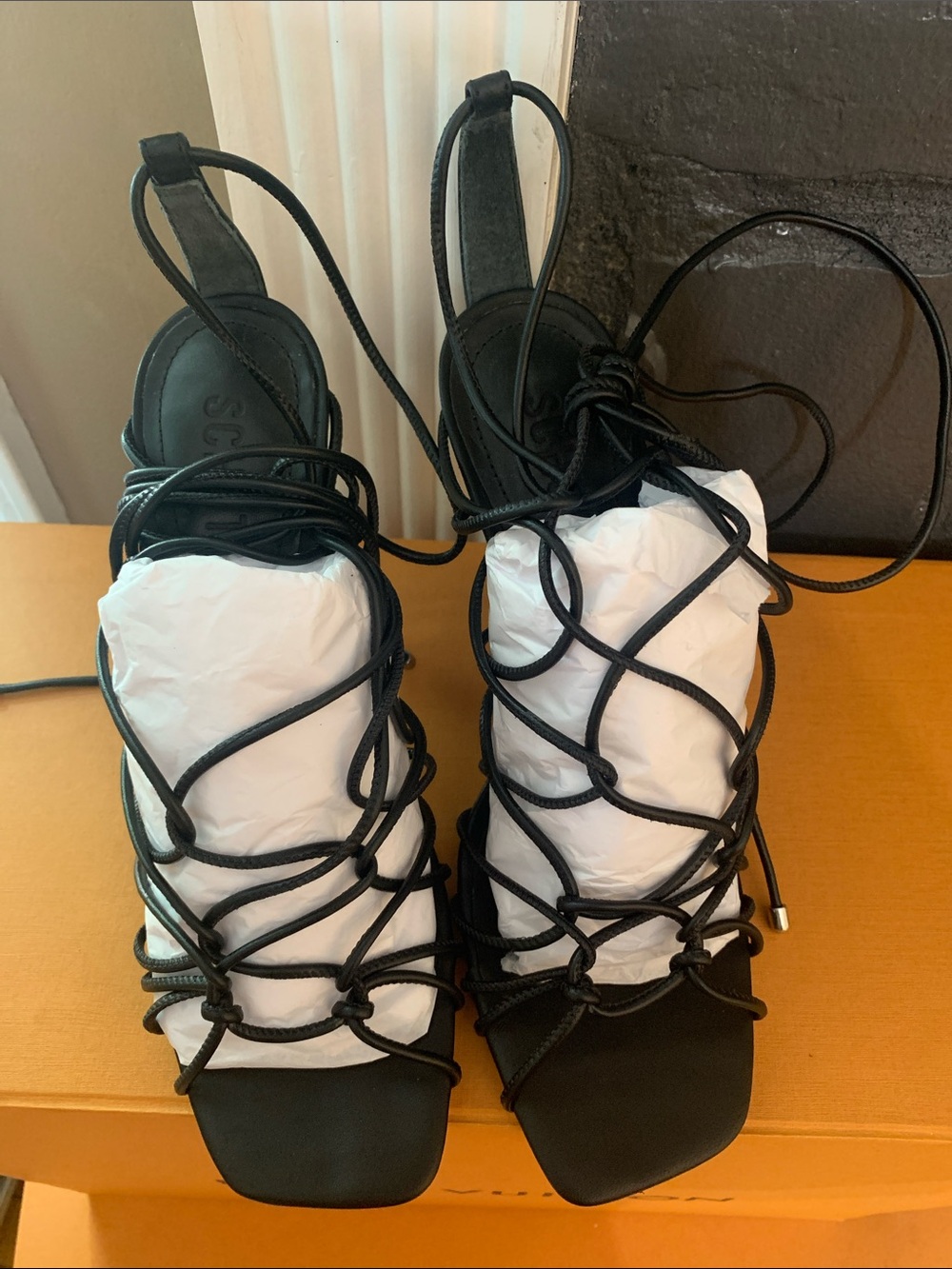 SCHUTZ Black Lace-Up Square-Toe Heels